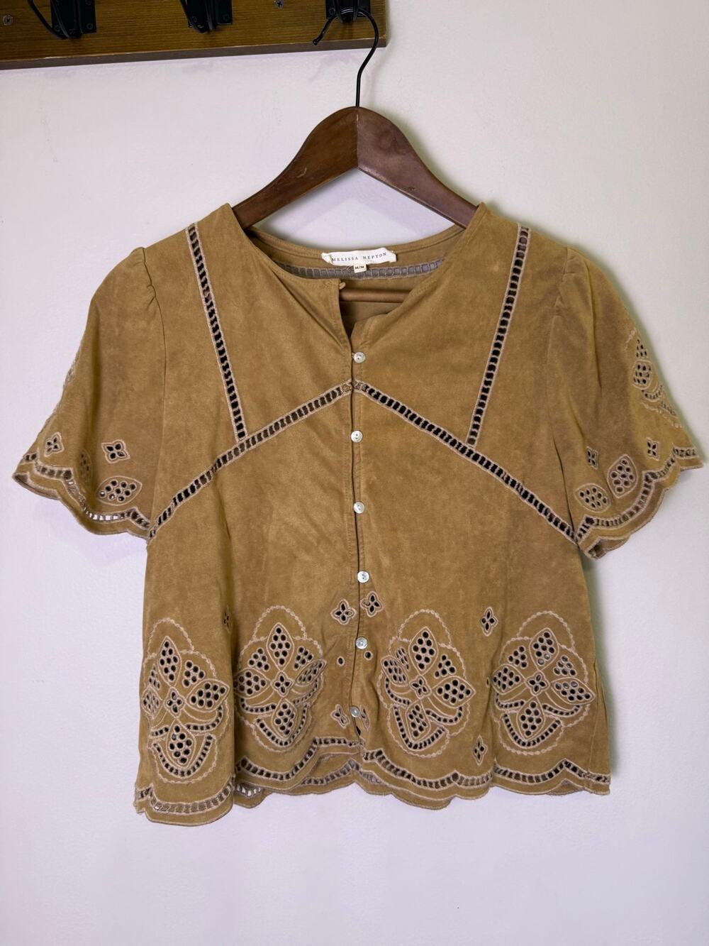 Melissa Nepton Victoire Blouse M Brown Faux Suede Eyelet Embroidered Boho Top